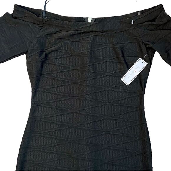 Off-shoulder black Bodycon midi dress gold zipper back NWT Size 10 Premier Amour - Picture 2 of 12